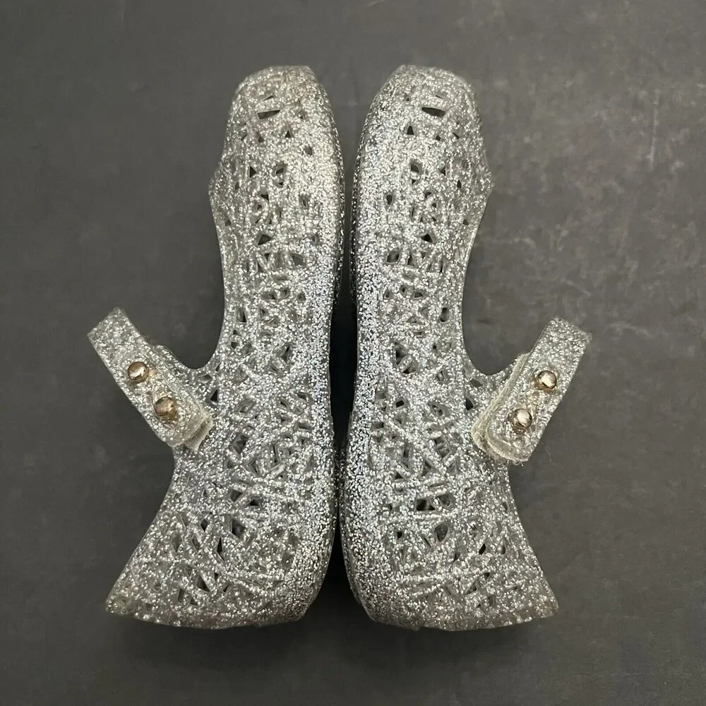 Mini Melissa Shoes Baby Girl 7 Mary Jane Campana Silver Metallic Strap Flat